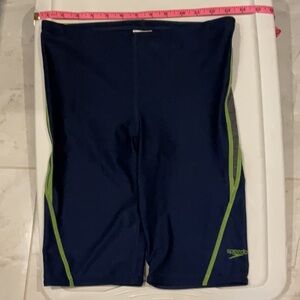 Speedo Men's Navy Swim Shorts with Green Accents